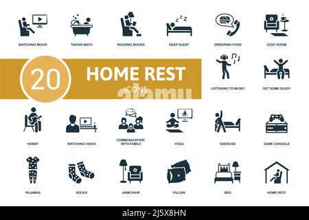 Symbol für „Home Rest Set“. Enthält Illustrationen zum Entspannen zu Hause, wie z. B. Baden, Tiefschlaf, gemütliches Zimmer und mehr. Stock Vektor