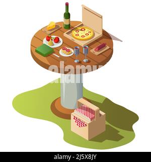 Isometrischer runder Holztisch für Picknick mit Essen, Pizzabox und Korb auf Gras. Vektor-Illustration von frischem Essen, Obst, Weinflasche mit Gläsern Stock Vektor