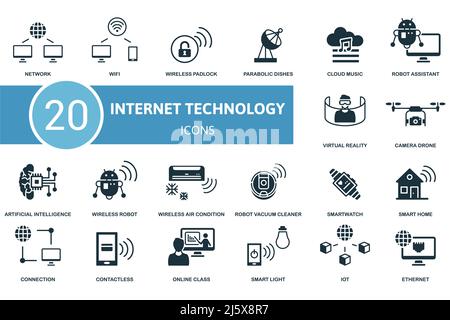 Symbol für Internettechnologie eingestellt. Enthält editierbare Symbole Internet-Technologie Thema wie WiFi, Parabolantennen, Roboter-Assistent und vieles mehr. Stock Vektor