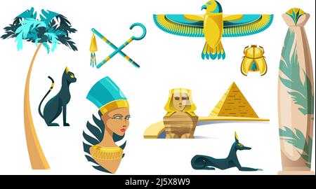 Symbole des alten Ägypten. Vektor-Ikonen Satz von Skulpturen der ägyptischen Götter, Sphinx, Pyramide und Zeichen der pharaonmacht. Historische Architektur, Palmen, gol Stock Vektor