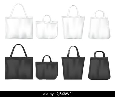 Tote Canvas Taschen zum Einkaufen. Vector Mockup von realistischen weißen und schwarzen wiederverwendbaren Baumwolle ecobags verschiedene Formen isoliert auf weißem Hintergrund. Öko f Stock Vektor