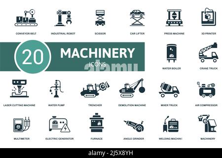 Maschinensymbole gesetzt. Enthält editierbare Symbole Maschinenthema wie Industrieroboter, Autoheber, 3D Drucker und mehr. Stock Vektor