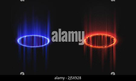 Gegen blaue und rote runde Hologramme mit Lichtstrahlen und Funken. Glow Neon Magie Portale in der Nachtszene. Digitales, futuristisches Teleport. Vektor realistisch Stock Vektor
