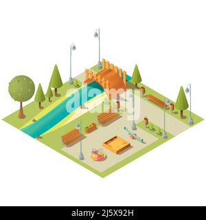 Isometrische Landschaft der Stadt grünen Park mit Spielplatz. Gartenanlage mit Rasenflächen, Bänken und Brücke über den Fluss. Vector 3D Karussell, Wippe Schaukel Stock Vektor