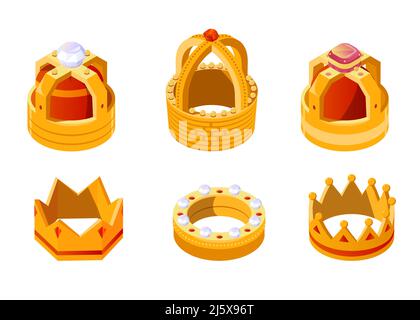 Isometrische goldene Kronen mit Edelsteinen für König oder Königin, isoliert auf weißem Hintergrund. Krönender Kopfschmuck für Monarch. Königliche Goldmonarchie mittelalterliches Dekor Stock Vektor