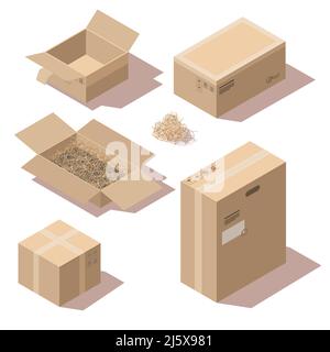 Isometrische braune Pappkartons öffnen und schließen. Vector Set von Aufbewahrungsboxen leer und mit geschreddertem Papierfüller. Warenverpackung für Stock Vektor