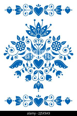 Schwedische Volkskunst Vektor-Grußkarte oder Einladungsdesign mit Vögeln und Blumenmotiv, marineblaues Muster, inspiriert von der traditionellen skandinavischen Kunst Stock Vektor