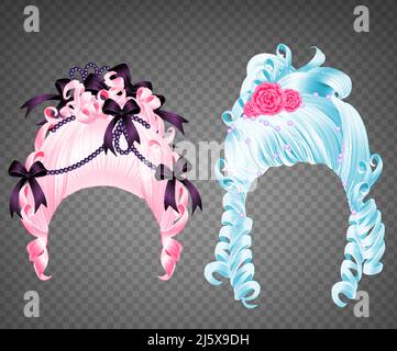 Frauen Perücken Rokoko-Set. Mädchen lockig blau und rosa vintage Prinzessin Frisur mit Blumen, Perlen und Bändern für Hochzeit oder Karneval isoliert auf Transpa Stock Vektor
