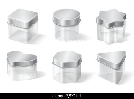 Transparentes Glas mit Metalldeckel isoliert auf weißem Hintergrund. Vector realistische Nachbau von leeren transparenten Kunststoffboxen für Marmelade, Tee, Kaffee oder Creme. Stock Vektor