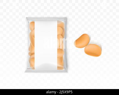 Chips-Pack, knusprige Snack-Paket isoliert auf transparentem Hintergrund. Blanke, klare Plastiktüte mit knusprigen Kartoffelscheiben, Design-Element für Lebensmittel Stock Vektor