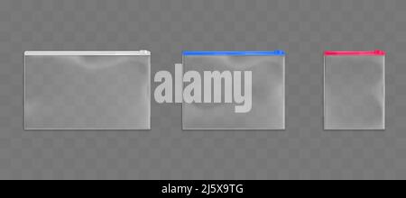 Reißverschlusstaschen Set aus Kunststoff, leere Beutel aus weiß, rot und blau Reißverschluss Farbe isoliert auf transparentem Hintergrund. Wasserdichte, undurchlässige Blankopackungen Stock Vektor