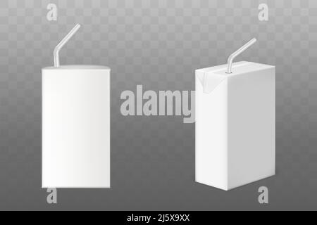 Saft- oder Milchkartons mit Strohseitenset, weiße leere Verpackung, isoliert auf transparentem Hintergrund. Produktion von Kartonflüssigkeiten, Forts Stock Vektor