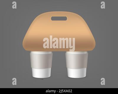 Halter für Kaffeetassen. Leere Verpackung mit Griff zum Tragen von Mockup. Zwei leere Becher aus Kunststoff oder Papier isoliert auf grauem Hintergrund. Heiße Getränke zum Mitnehmen Stock Vektor