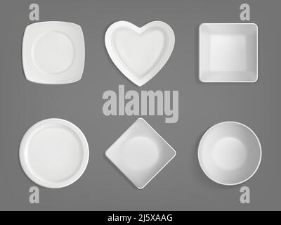Draufsicht auf leere weiße Schalen in verschiedenen Formen. Realistisches Vektormockup aus quadratischen, runden, herzförmigen und Rhumb-Platten. Set Porzellan Geschirr isol Stock Vektor
