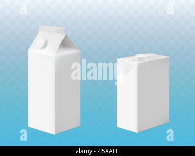 Weiße Papppackung für Milch oder Saft mit Deckel. Vector Mockup von realistischen leeren Paket verschiedene Formen Boxen von Getränk, Getränk isoliert auf Transportbehälter Stock Vektor