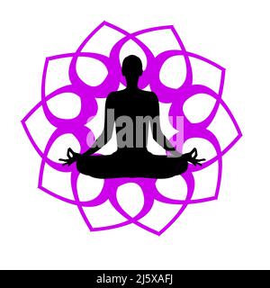 Yoga-Logo. Lotus-Position. Vektorgrafik. Menschliche Silhouette mit Lotusblume Stock Vektor