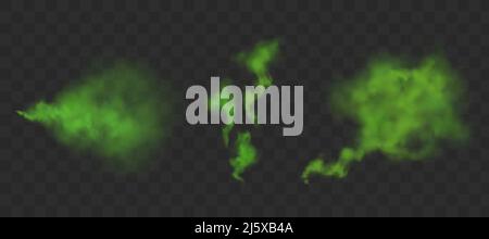 Grün, schlechter Geruch. Stinkende Ströme von Furzen, Rauchwolken oder Gestank-Gasen. Vektor realistische Menge von chemischen giftigen Dämpfen, Atem- oder Schweißgeruch Isolat Stock Vektor