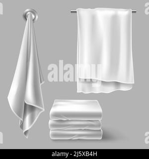 Weiße Stoffhandtücher auf Kleiderbügeln und im Stapel gefaltet. Vector realistische Mockup von Stoffhandtüchern für Bad, Spa-Hotel, Strand oder Küche isoliert auf grau Stock Vektor