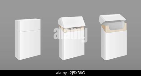 Leere offene und geschlossene Zigarettenpackung mit goldener Folie. Vector realistische Nachbau von weißem Papier Verpackung Box für Tabakprodukte isoliert auf grauem BA Stock Vektor