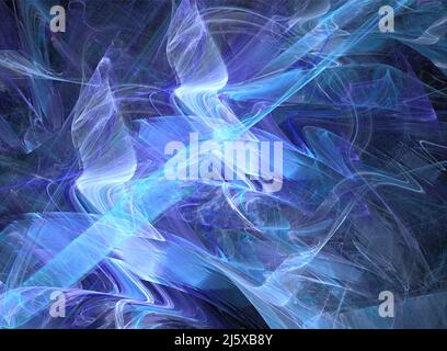 Abstraktes Muster in Blau- und Blautönen aus welligen Feldern auf schwarzem Hintergrund, grafische abstrakte Illustration, optischer Effekt Stockfoto