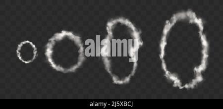 Weiße Rauchringe von Zigarette, Pfeife oder Vape. Vektor realistische Kreis von Dampf Wolken Rauchen Shisha isoliert auf transparentem Hintergrund Stock Vektor
