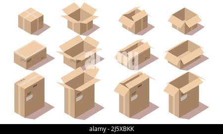 Isometrische braune Pappkartons öffnen und schließen. Vector Set leerer Aufbewahrungsboxen unterschiedlicher Größe, isoliert auf weißem Hintergrund. Waren Stock Vektor