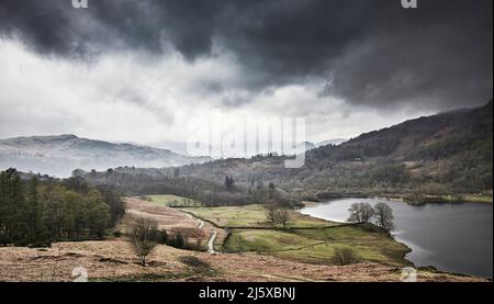 River Rothay, Lake District, von der Hügelseite in der Nähe der Rydal Cave gesehen Stockfoto
