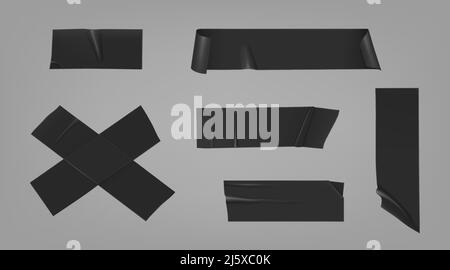 Klebeband für den Kanal. Isolierende schwarze Klebestreifen, die mit Falten und nicht festgekrümmten Kanten versehen sind. Vector realistische Set von klebrigen Scotch für fix, re Stock Vektor