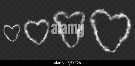 Weißer Rauch herzförmige Ringe von Zigarette, Pfeife oder Vape. Vektor realistische Dampfwolken von heißem Kaffee isoliert auf transparentem Hintergrund. Symbol o Stock Vektor