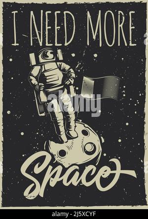 Posterdesign mit Darstellung eines Mondrovers und eines Planeten auf Vintage-Hintergrund. Stockfoto
