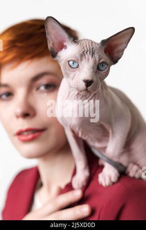 Sphynx Hairless Kätzchen, die die Kamera auf der Schulter einer schönen rothaarigen jungen Frau mit kurzen Haaren, in roter Jacke gekleidet, betrachten. Studioaufnahme Stockfoto