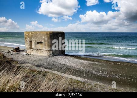 An einem sandigen, wilden, breiten Strand in der Nähe des ruhigen, grünlich ruhigen Schwarzen Meeres steht seit dem Zweiten Weltkrieg ein kleiner verlassene Bunker aus Beton Stockfoto