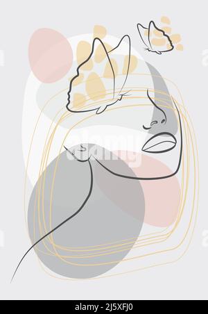 Botanische Drucke. Ein abstraktes Gesicht mit einem Schmetterling, der mit einer einzigen Linie gezeichnet ist. Stock Vektor