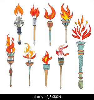 Feuer glühende Flamme Retro-Skizze Fackel Icons Set isoliert Vektor-illustration Stock Vektor