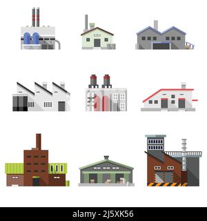 Fabrik Strom Strom Industrie Manufaktur Gebäude Wohnung dekorative Ikonen gesetzt Isolierte Vektordarstellung Stock Vektor
