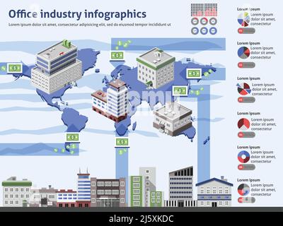 Infografiken für die Bürobranche mit der Weltkarte und Diagrammen für Geschäftsgebäude vektorgrafik Stock Vektor