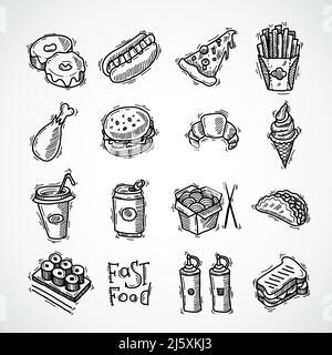 Fastfood schwarz Skizze dekorative Icons Set mit Donut Hotdog Isolierte Vektorgrafik für Pizza und pommes frites Stock Vektor