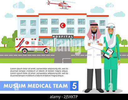 Detaillierte Darstellung von muslimischen arabischen Mitarbeitern, medizinischem Hubschrauber, Ambulanzwagen und Krankenhausgebäude in flachem Stil auf weißem Hintergrund Stock Vektor