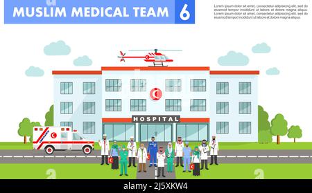 Detaillierte Darstellung von muslimischen arabischen Mitarbeitern, medizinischem Hubschrauber, Ambulanzwagen und Krankenhausgebäude in flachem Stil auf weißem Hintergrund Stock Vektor