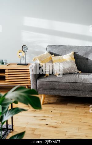 Stilvolles Wohnzimmer mit Designer-Konsole mit Dekor und grauem Sofa mit grafischen Kissen. Weiße Wände, grüne Pflanzen in den Töpfen. Helles Holz Stockfoto