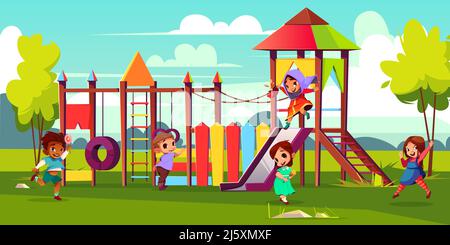 Kinder Spielplatz Cartoon Vektor-Illustration mit multinationalen, Vorschulkinder Figuren laufen und Spaß im Park. Kaukasisch, afrikanisch Stock Vektor
