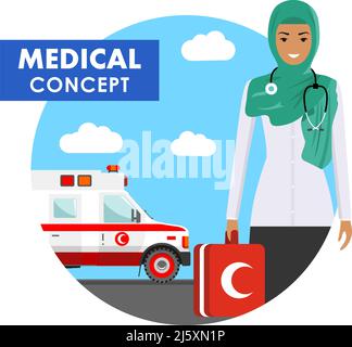 Medizinisches Konzept. Detaillierte Darstellung arabisch-muslimischer Mediziner in Uniform auf Hintergrund mit medizinischem Ambulanzwagen im flachen Stil. Vektor-Illus Stock Vektor