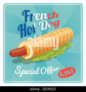 Gegrillter französischer Hot Dog mit Sauce Fast Food Retro Poster vektorgrafik Stock Vektor