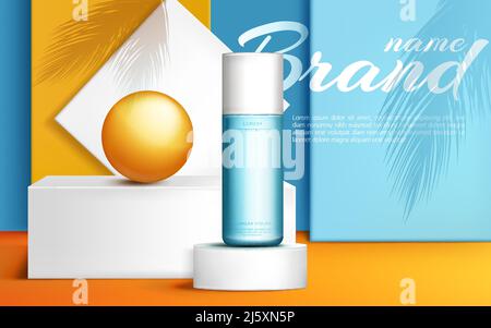 Kosmetikflasche auf Podium Bühne Mock up Banner, Beauty Hautpflege Kosmetik Tube Produktpräsentation mit orangefarbener Kugel und Palmen hinterlässt Schatten auf Showr Stock Vektor