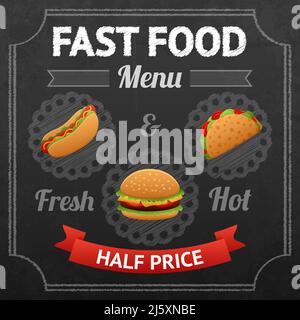 Fastfood-Tafel-Poster mit frischem und heißem Hotdog Taco Und Hamburger Vektor Illustration Stock Vektor