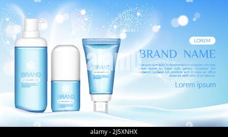 Winter Kosmetikröhrchen stehen auf Schneestrift, Flaschen stellen Mock-up-Linie, Beauty-Kosmetik-Produkt blaue Flaschen mit weißer Kappe und Schneeflocke, Gel, Creme, Stock Vektor