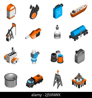 Öl-Industrie Benzin Verarbeitung Erdöl Transport isometrische Symbole isoliert gesetzt vektorgrafik Stock Vektor