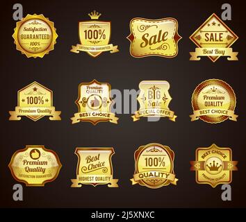 Goldene Krone höchste Qualität Etiketten Kollektion Icons Zufriedenheit garantiert für vip Kunden abstrakte Grafik Vektor isolierte Illustration Stock Vektor