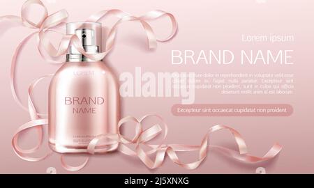 Parfüm Flasche, Duft kosmetische Design Banner Mock up. Glassprühkolben Verpackung auf rosa Hintergrund mit rosa Band. Kosmetikprodukt für Frauen, Stock Vektor