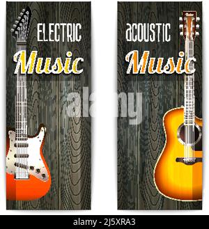 Musik vertikale Bannerset mit elektrischen und akustischen Gitarren auf Holzhintergrund isoliert Vektor-Illustration Stock Vektor